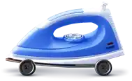 Cartoon iron icon with sparkles representing expert ironing and fabric finish